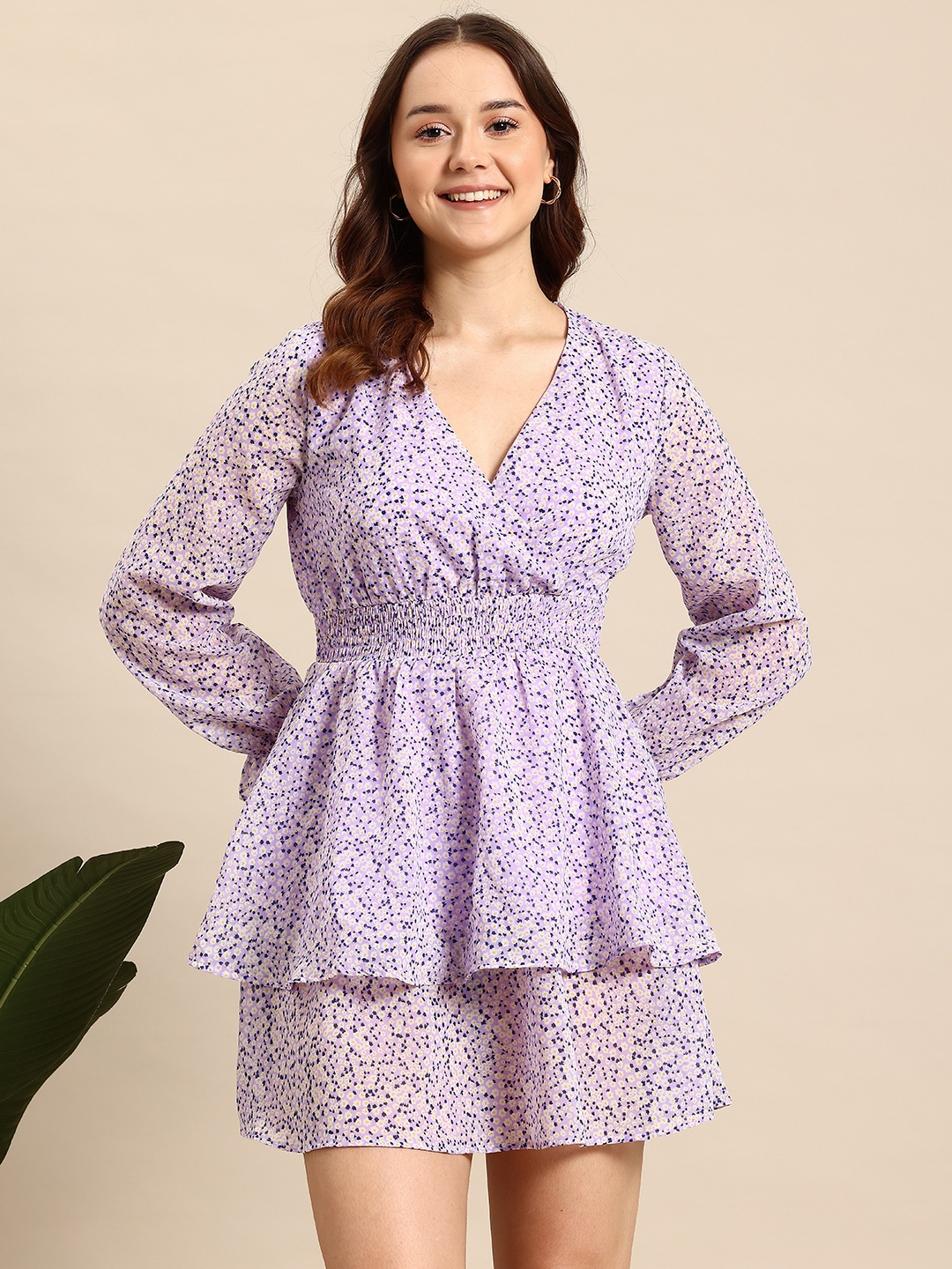 

Mast & Harbour Floral Print Puff Sleeve Ruffled Mini Dress, Lavender