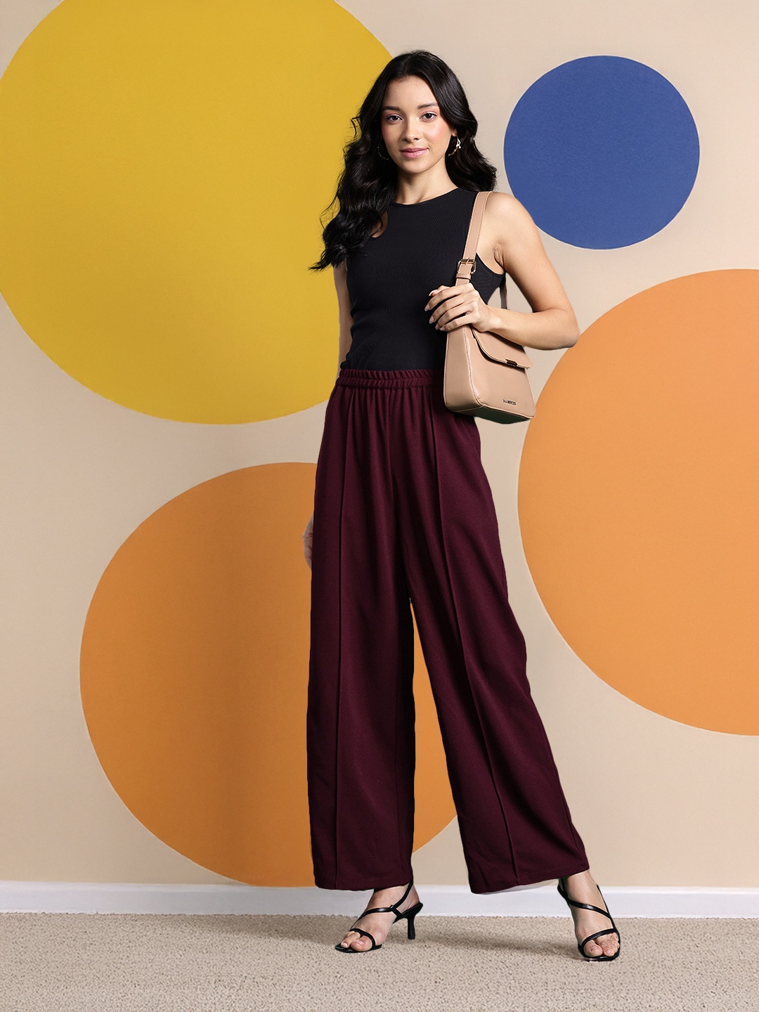 

DressBerry Bizwear Women High-Rise Pleated Trousers, Burgundy