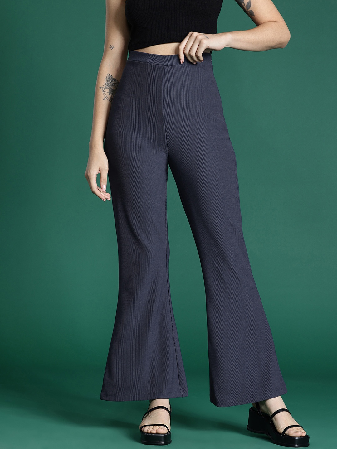 

DressBerry Bizwear Women Ribbed High-Rise Bootcut Trousers, Charcoal