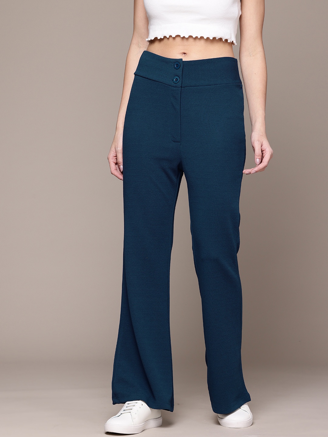 

The Roadster Lifestyle Co. Women Textured Trousers, Navy blue