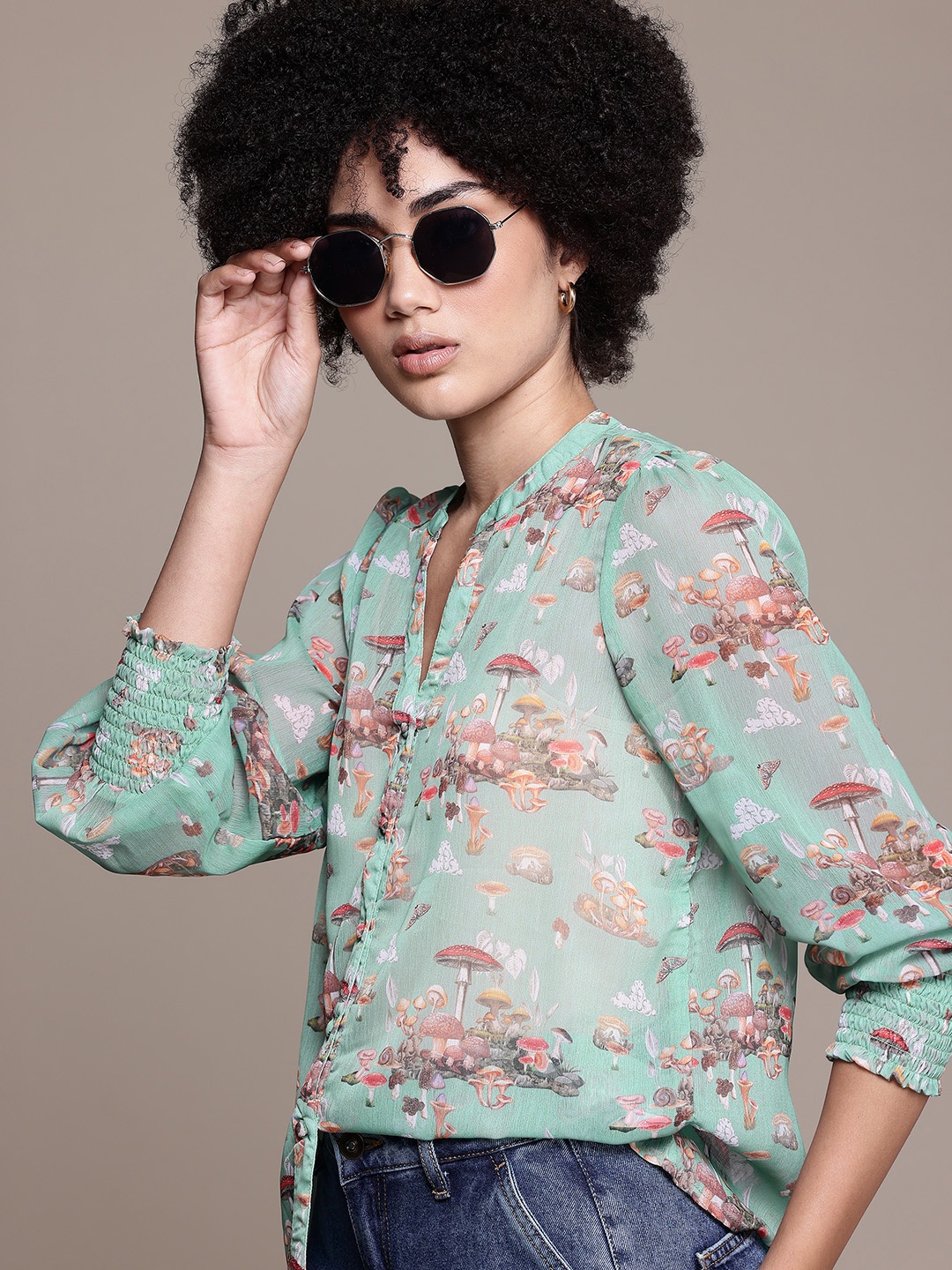 

The Roadster Lifestyle Co. Floral Print Sheer Puff Sleeve Shirt Style Top, Sea green