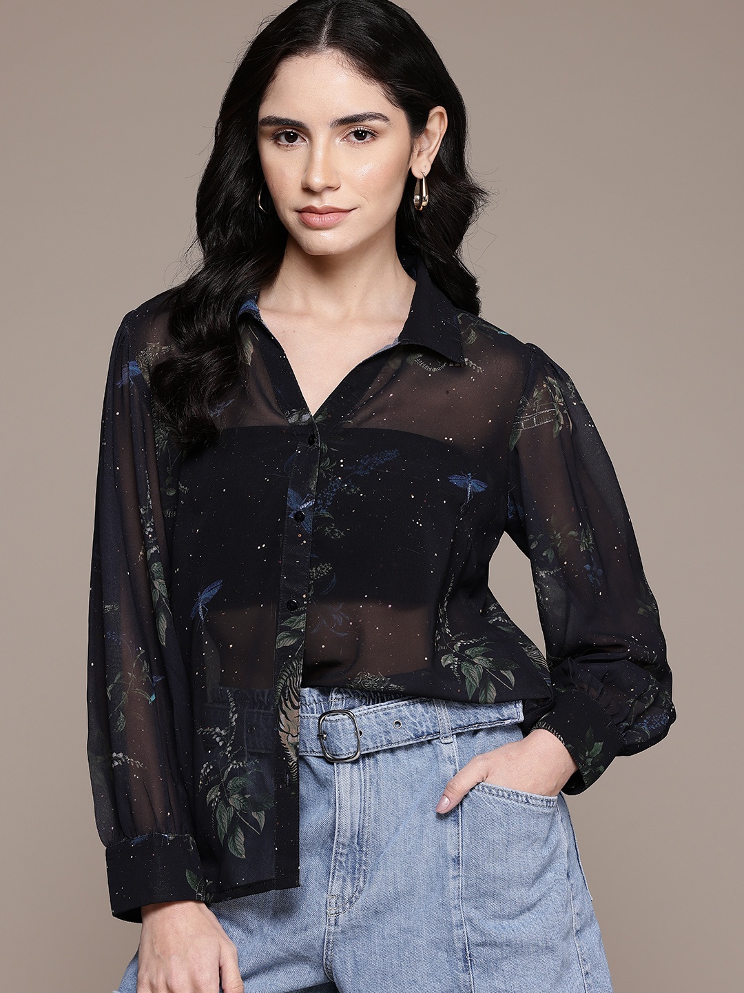 

The Roadster Lifestyle Co. Women Floral Sheer Printed Casual Shirt, Black