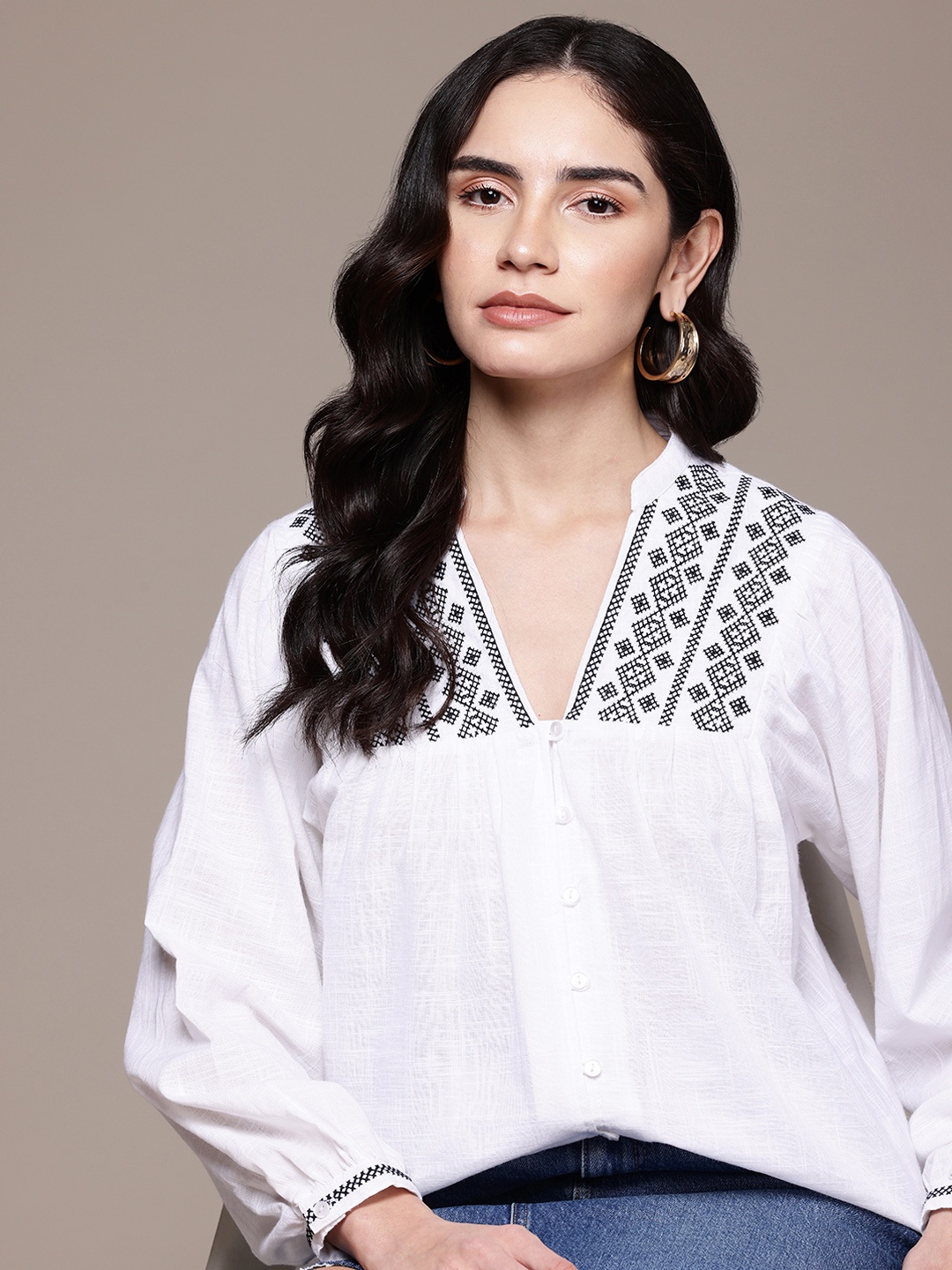 

Roadster Embroidered Pure Cotton Shirt Style Top, White