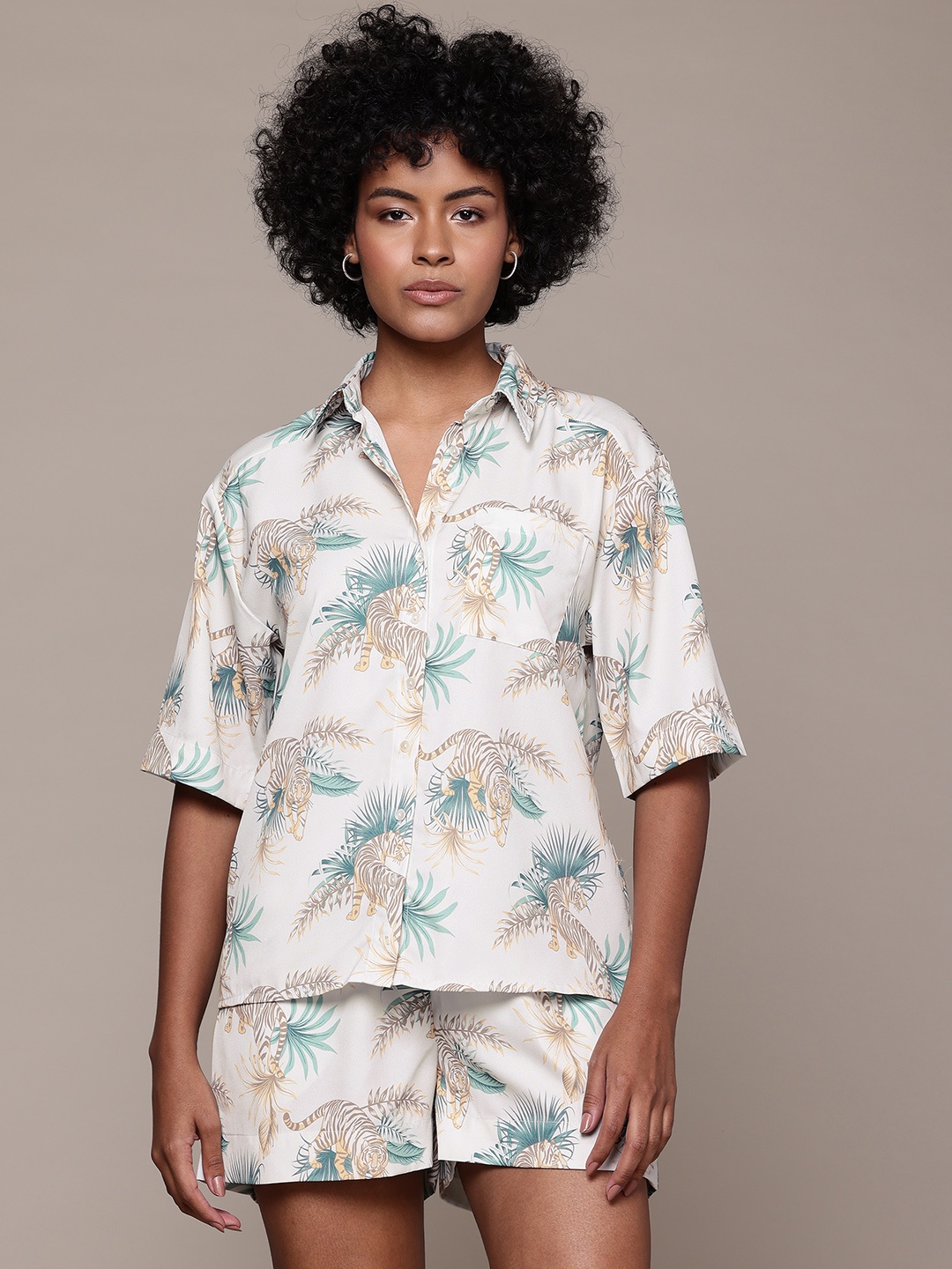 

The Roadster Lifestyle Co. Tropical Printed Pure Cotton Co-Ords, White