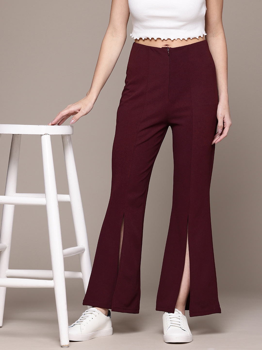 

The Roadster Lifestyle Co. Women Side-Slits High-Rise Bootcut Trousers, Maroon