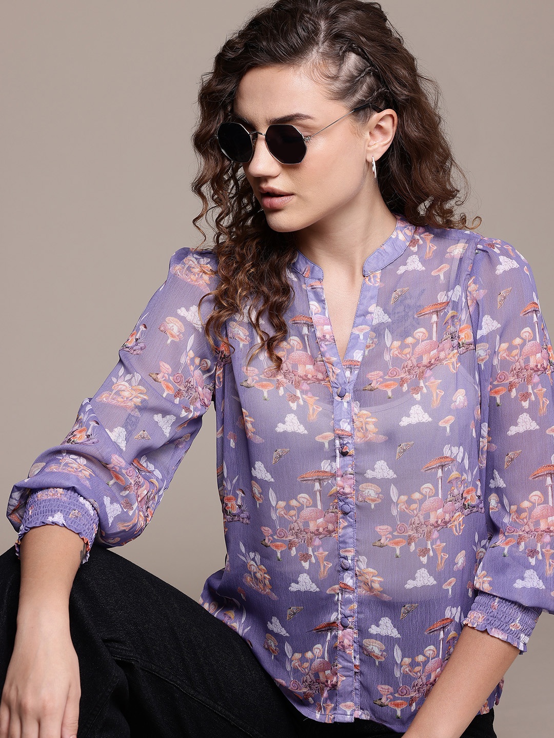 

The Roadster Lifestyle Co. Floral Print Sheer Puff Sleeve Shirt Style Top, Purple