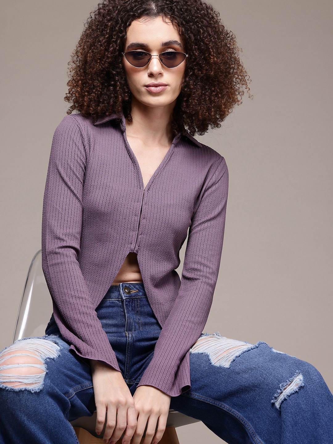 

The Roadster Lifestyle Co. Textured Front Slit Shirt Style Top, Purple