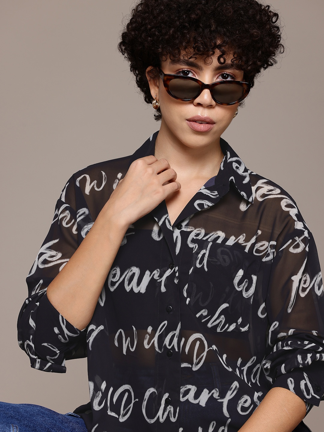 

The Roadster Lifestyle Co. Semi Sheer Printed Shirt, Black