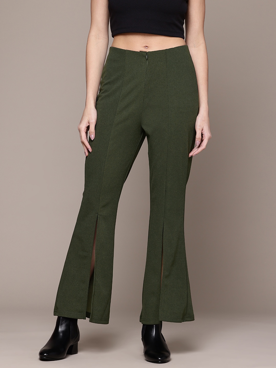 

The Roadster Lifestyle Co. Women Side-Slits High-Rise Bootcut Trousers, Green