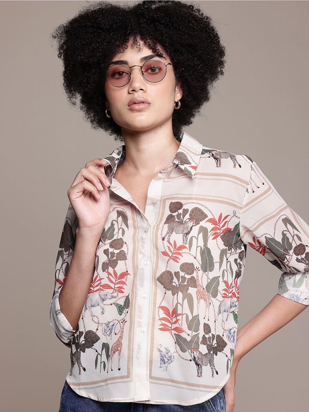 

Roadster Floral With Animal Graphics Semi Sheer Boxy Shirt With A Curved Hem, Beige