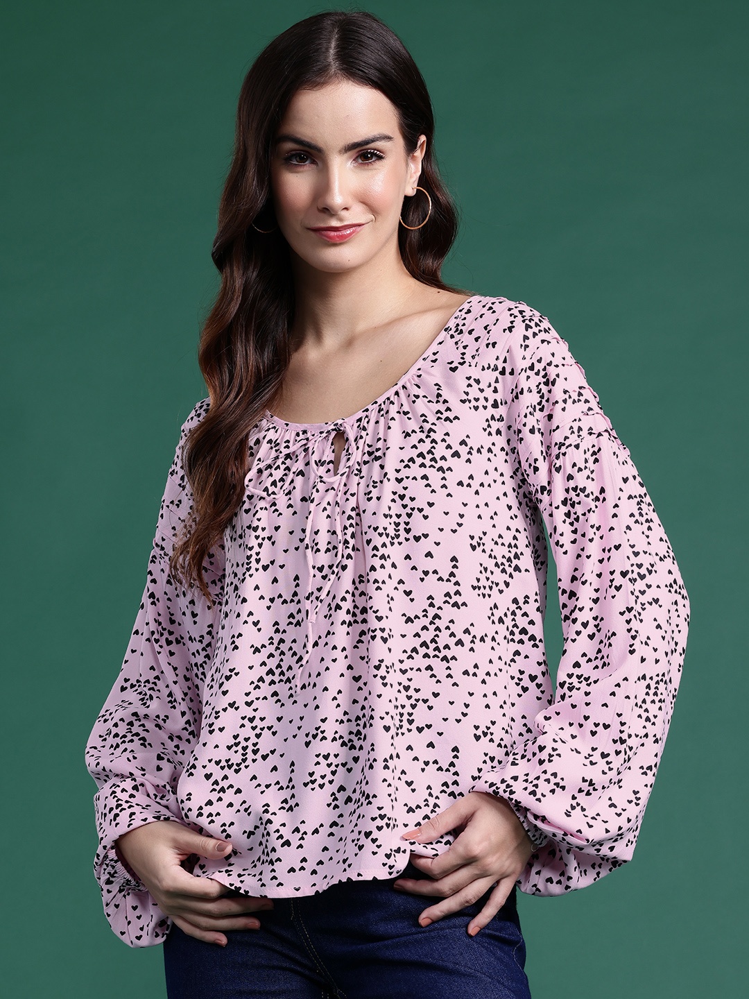 

DressBerry Printed Tie-Up Neck Puff Sleeve Top, Pink