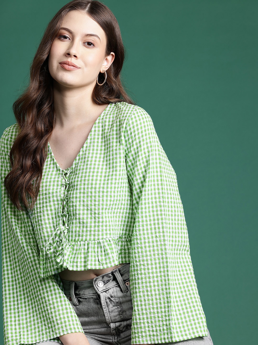 

DressBerry Gingham Checks Flared Sleeve Cotton Front Tie-Ups Crop Top, Green