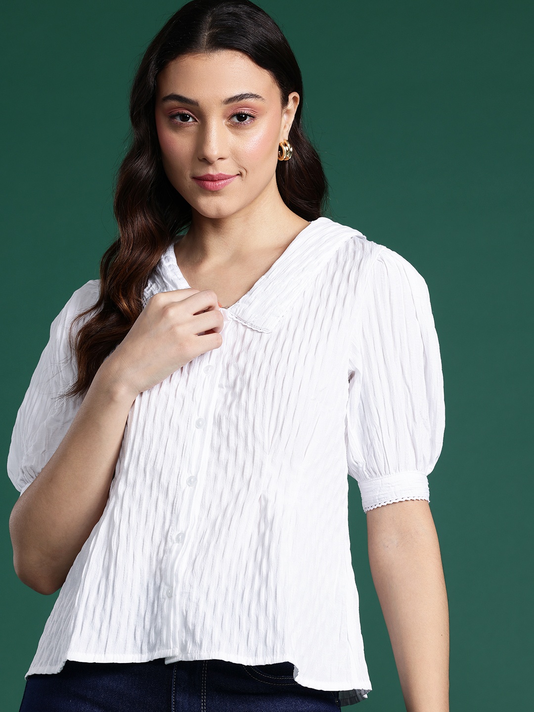 

DressBerry Pleated Self-Design Opaque Casual Shirt, White