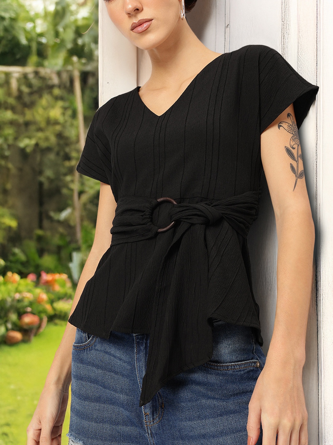 

DressBerry Edgy Elegance Self Striped Belted Hoop A-Line Top, Black