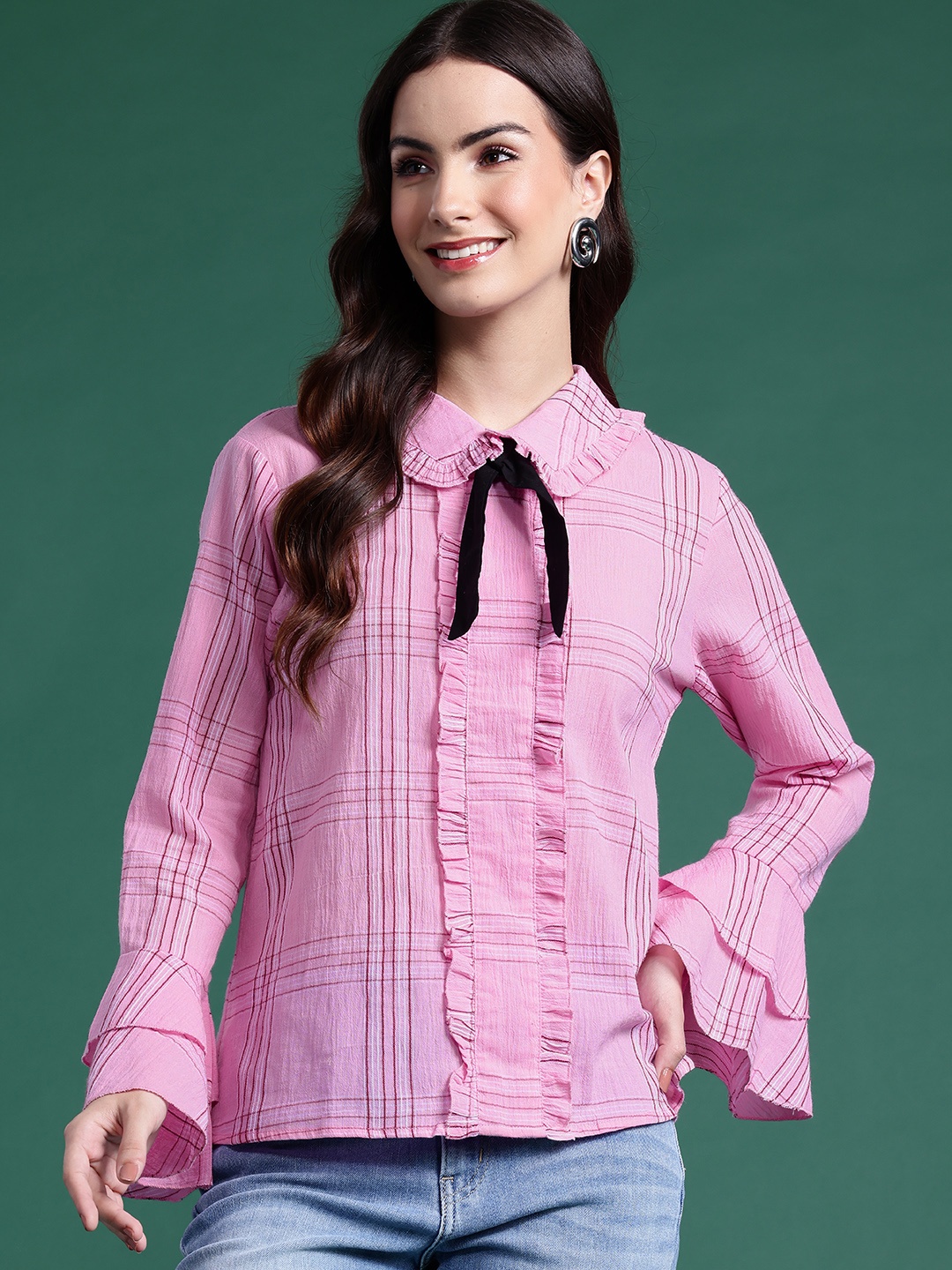 

DressBerry Peter Pan Collar Bow Detail Cotton Checked Top, Pink