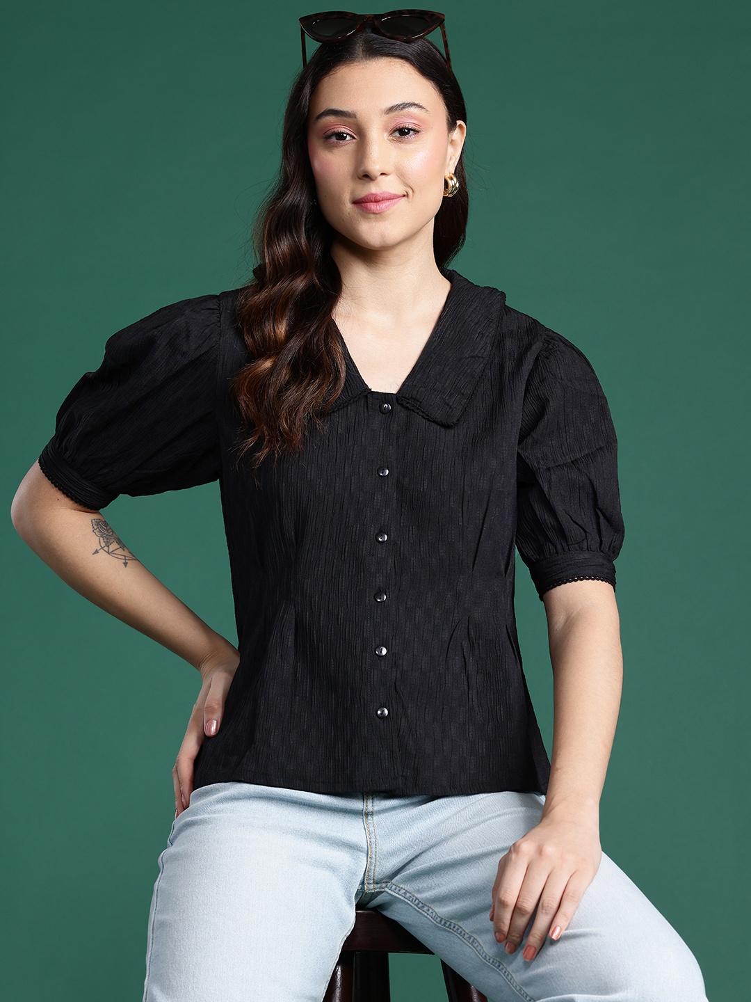 

DressBerry Pleated Self-Design Opaque Casual Shirt, Black