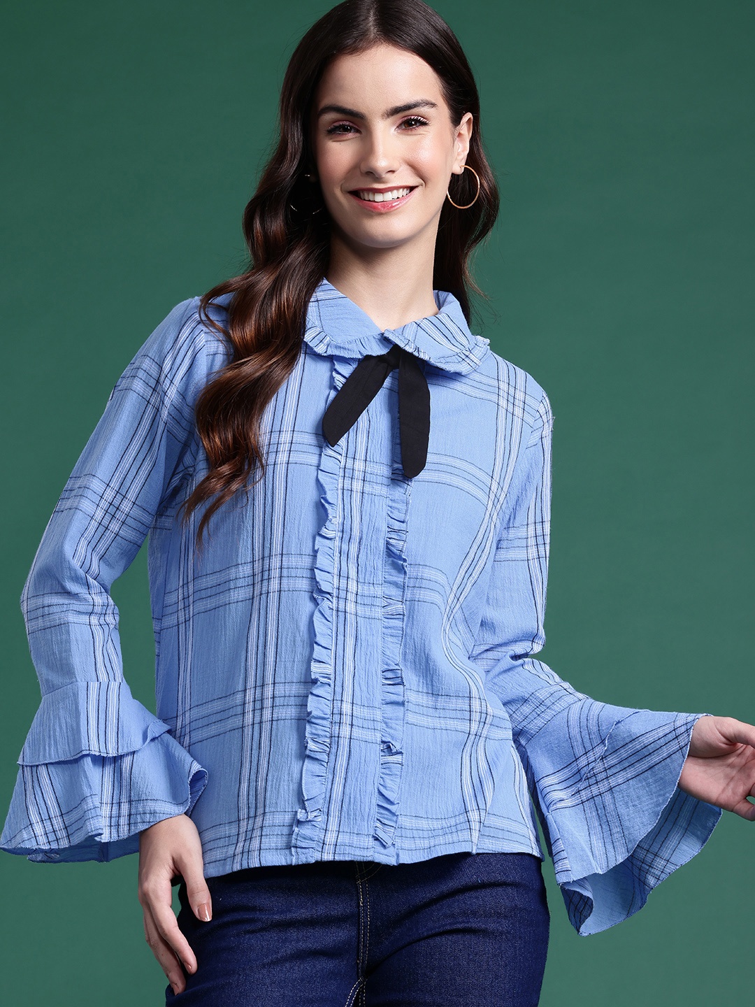 

DressBerry Bizwear Peter Pan Collar Bow Detail Cotton Checked Top, Blue