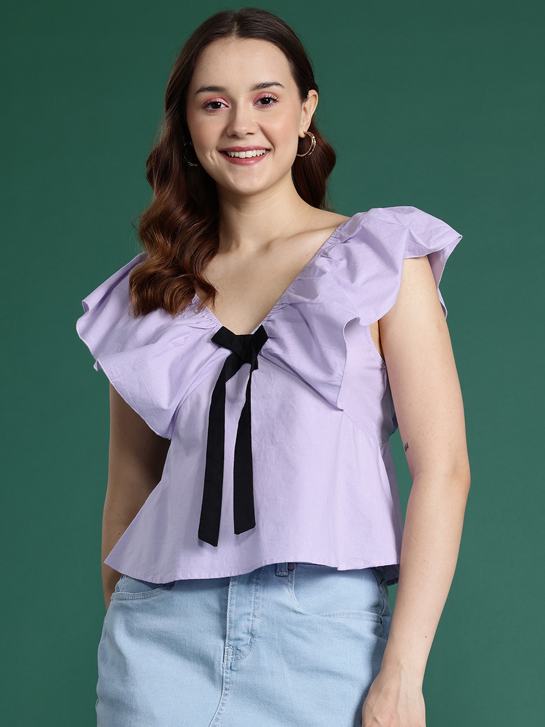 

DressBerry Pure Cotton Flutter Sleeves Cotton Top, Lavender