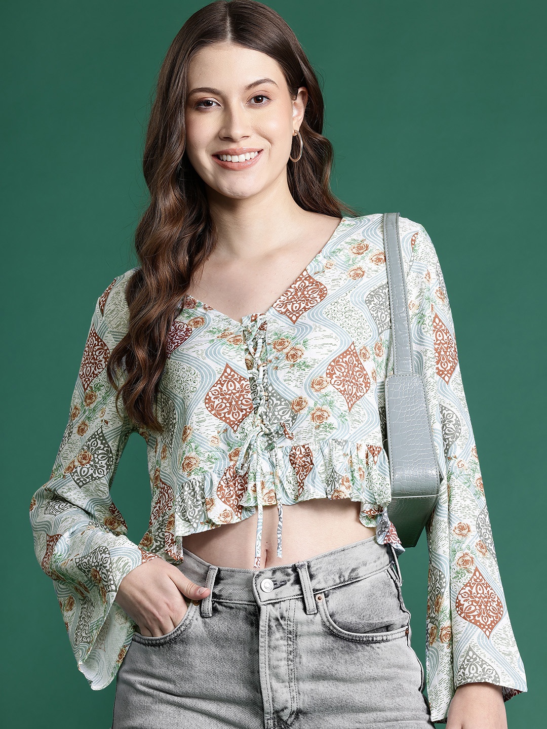 

DressBerry Printed Flared Sleeve Cotton Front Tie-Ups Crop Top, Off white