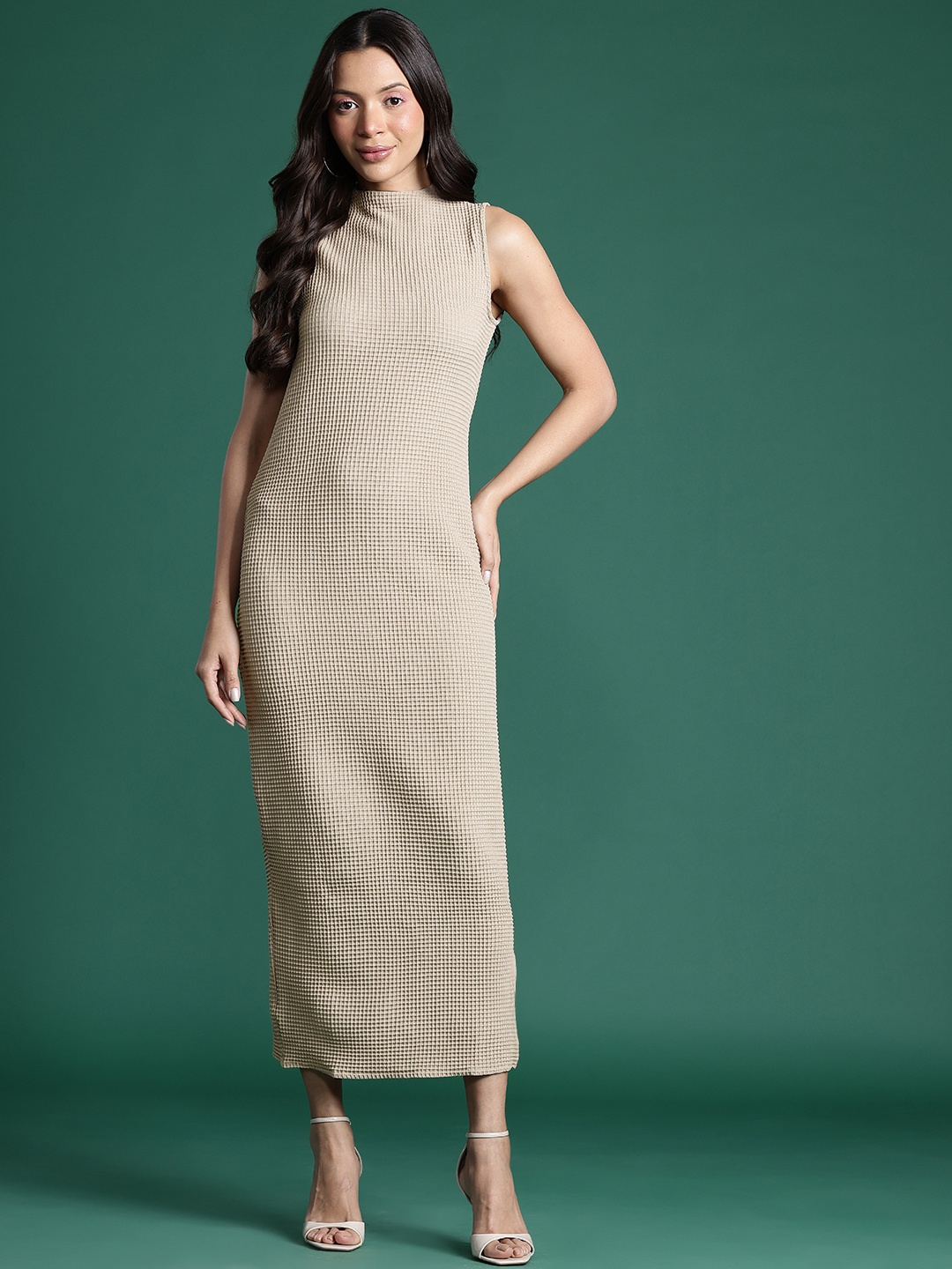 

DressBerry Bizwear Waffle Textured A-Line Midi Dress, Beige