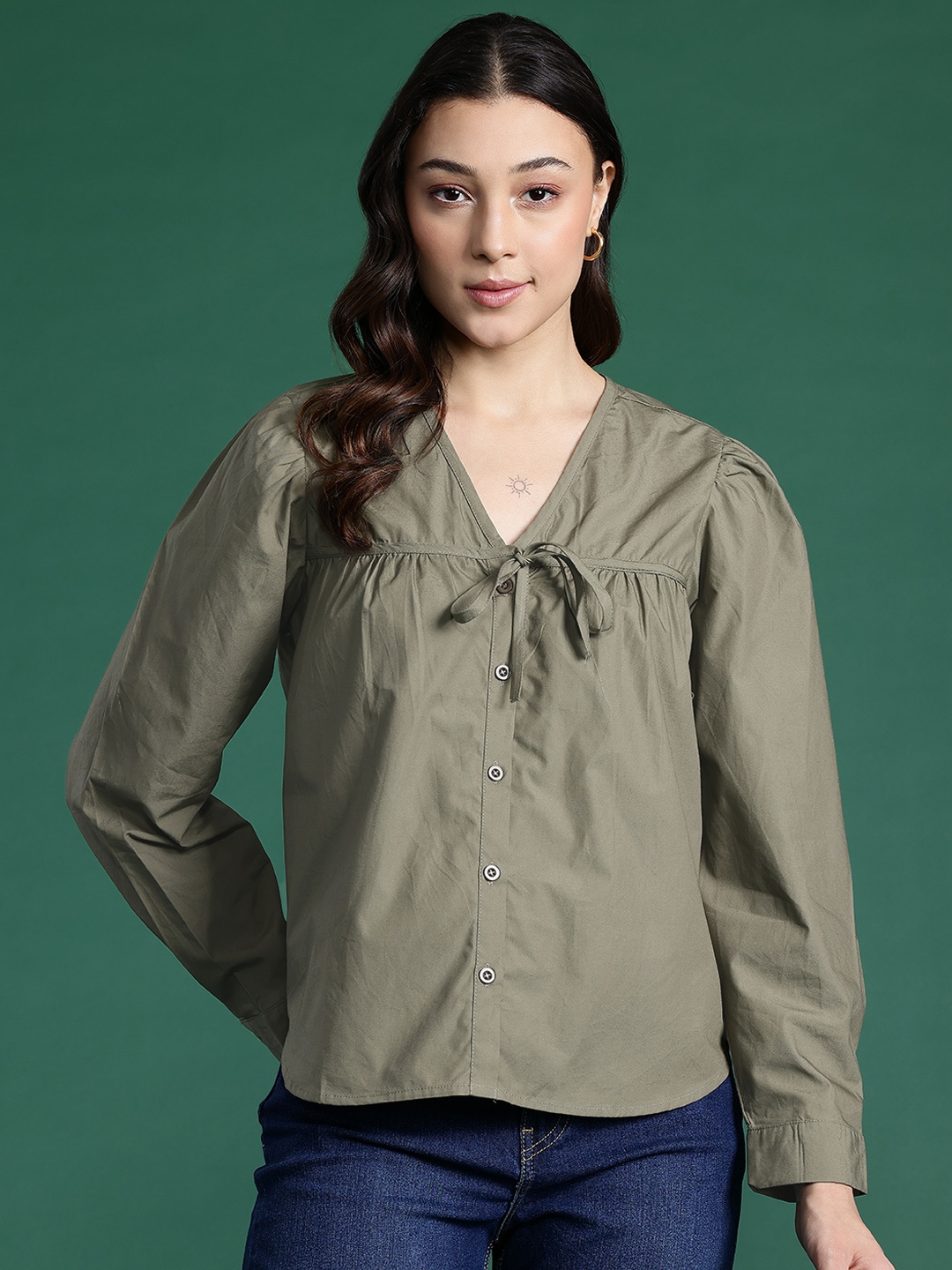 

DressBerry Bizwear Tie-Up Detail Cotton Shirt Style Top, Olive