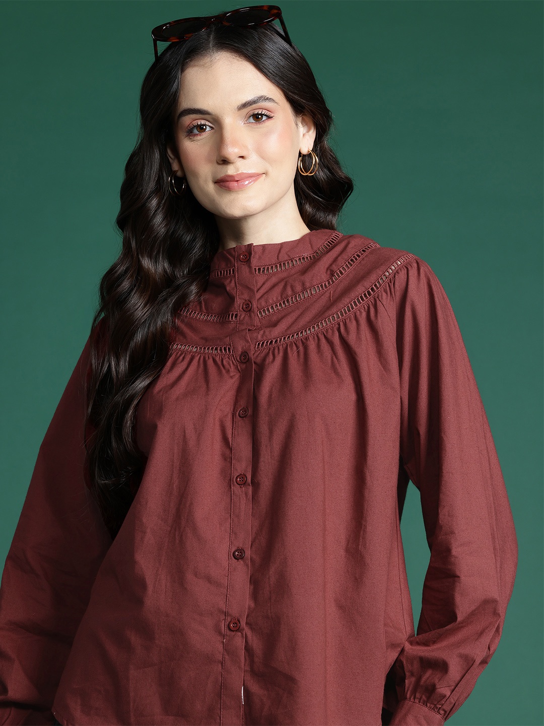 

DressBerry Bizwear Mandarin Collar Cotton Shirt Style Top, Brown