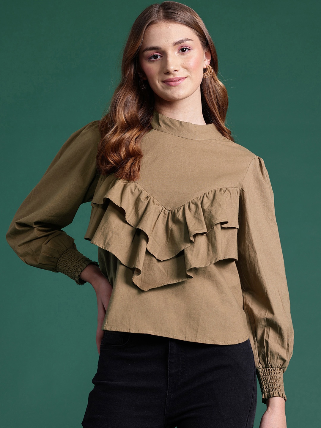 

DressBerry Puff Sleeve Ruffled Cotton Top, Brown