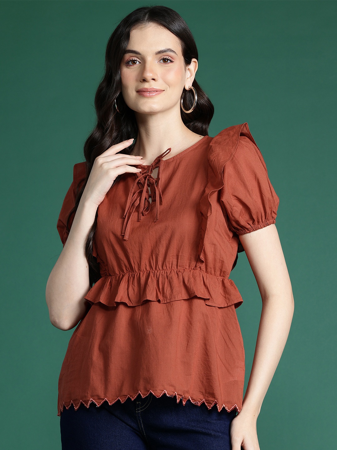 

DressBerry Tie-Up Neck Ruffles Cotton Top, Brown