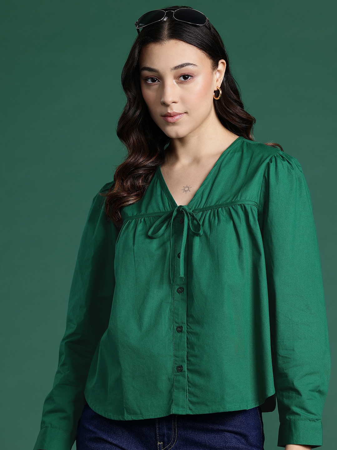 

DressBerry Tie-Up Detail Cotton Shirt Style Top, Green