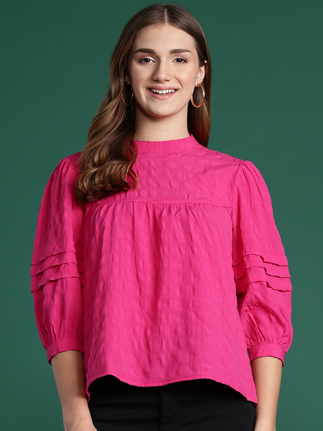 

DressBerry Textured Puff Sleeve Empire Top, Pink