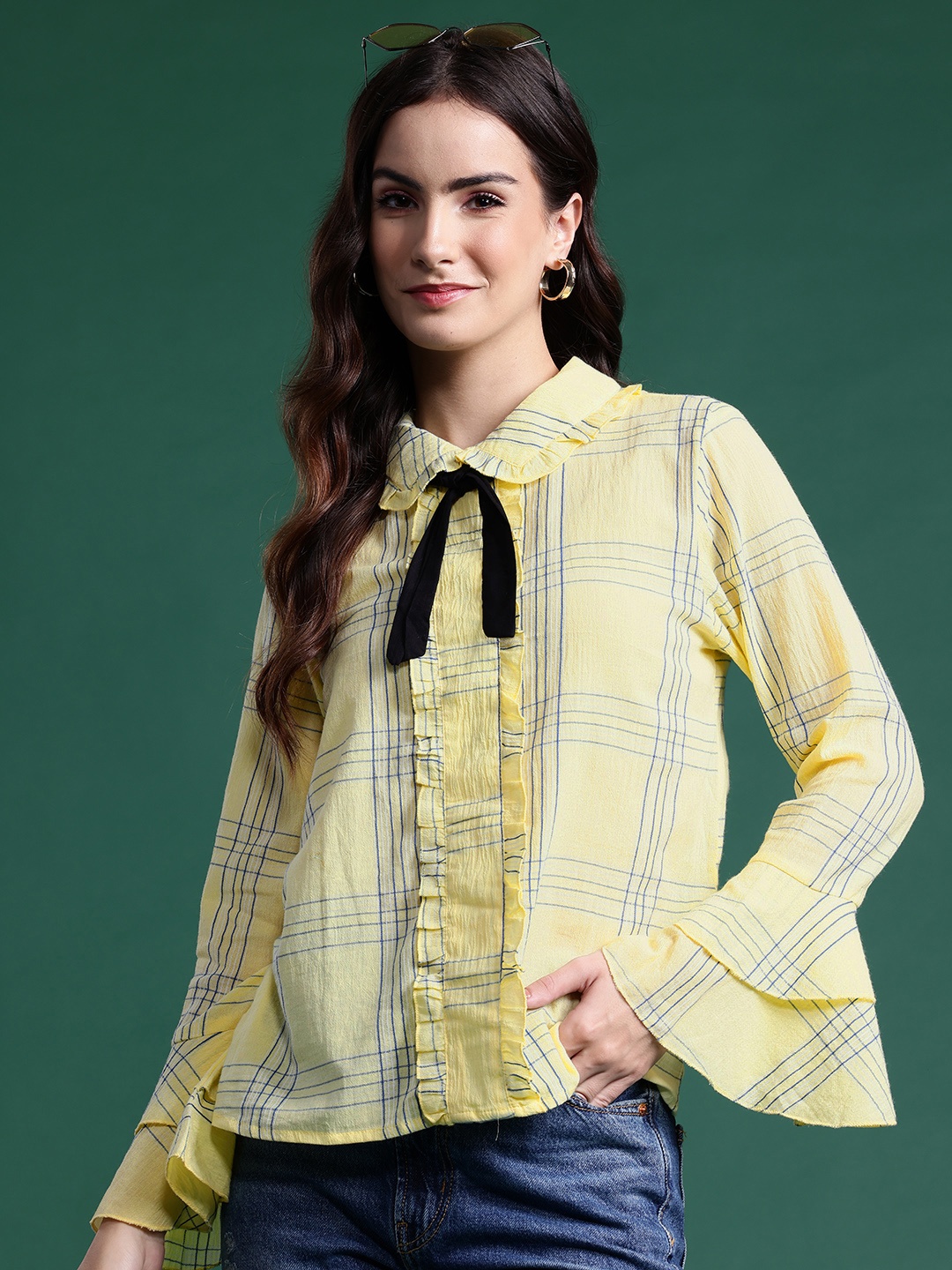 

DressBerry Peter Pan Collar Bow Detail Cotton Checked Top, Yellow