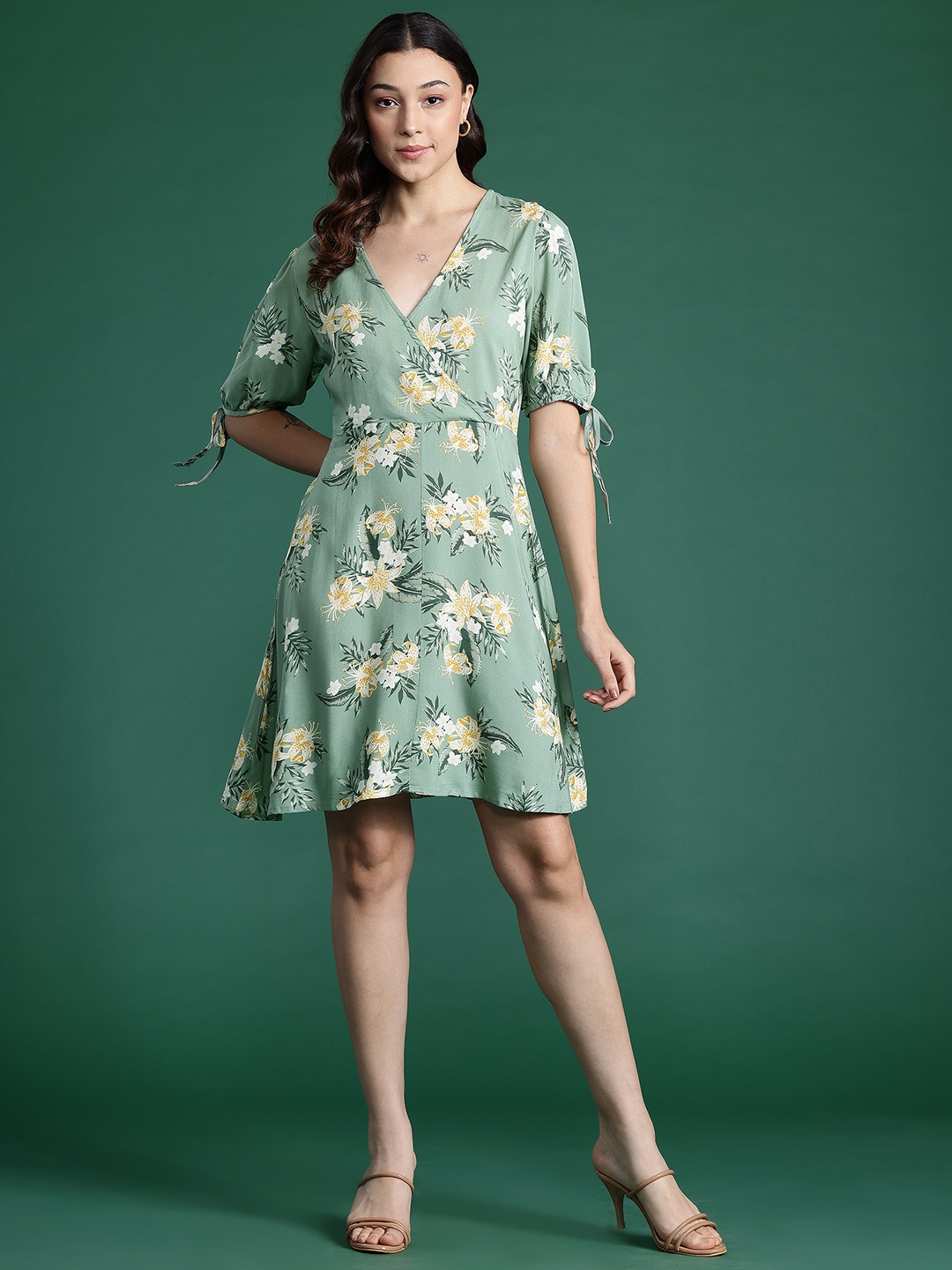 

DressBerry Floral Print Puff Sleeve A-Line Dress, Sea green