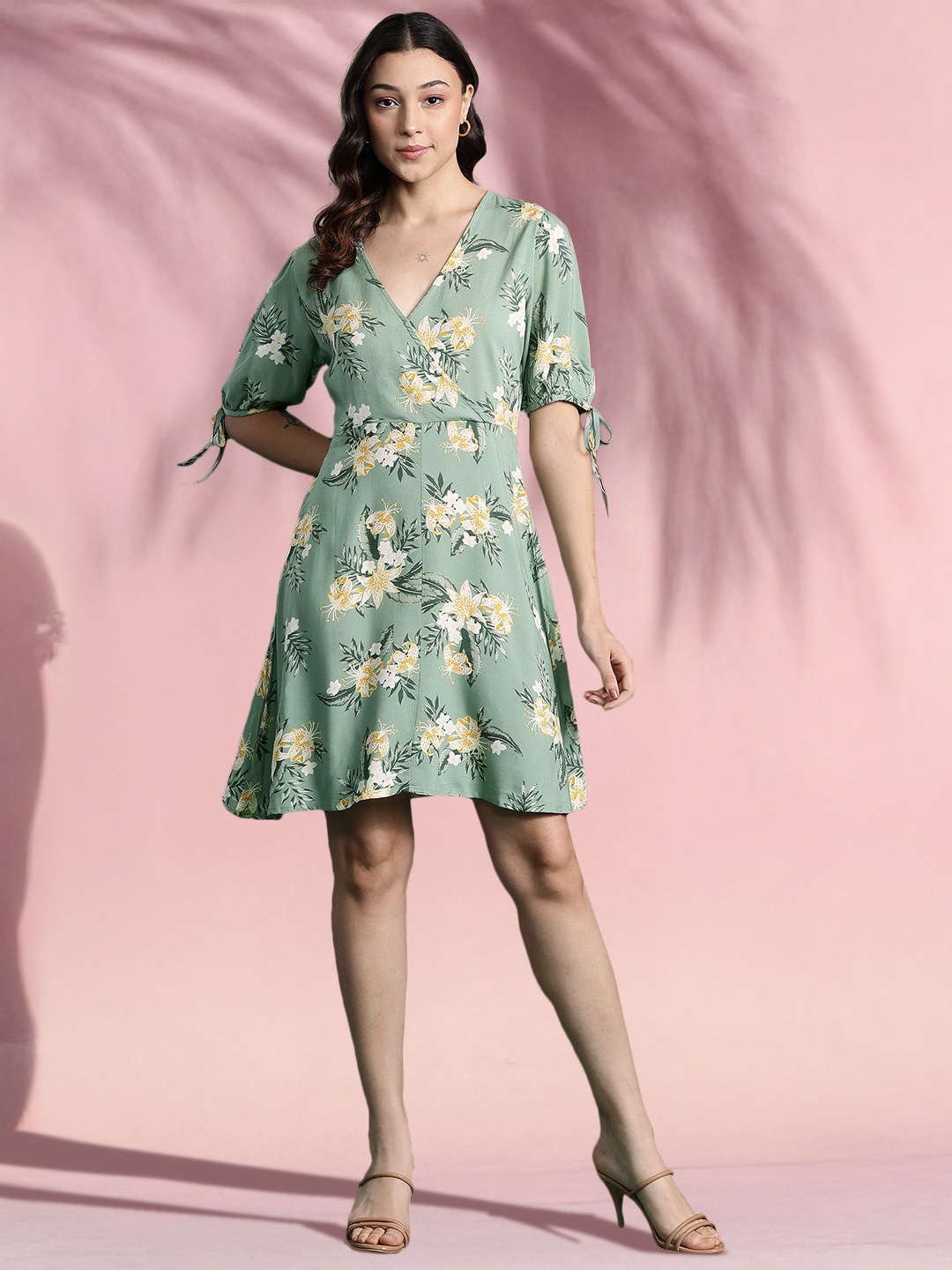 

DressBerry Floral Print Puff Sleeve A-Line Dress, Sea green