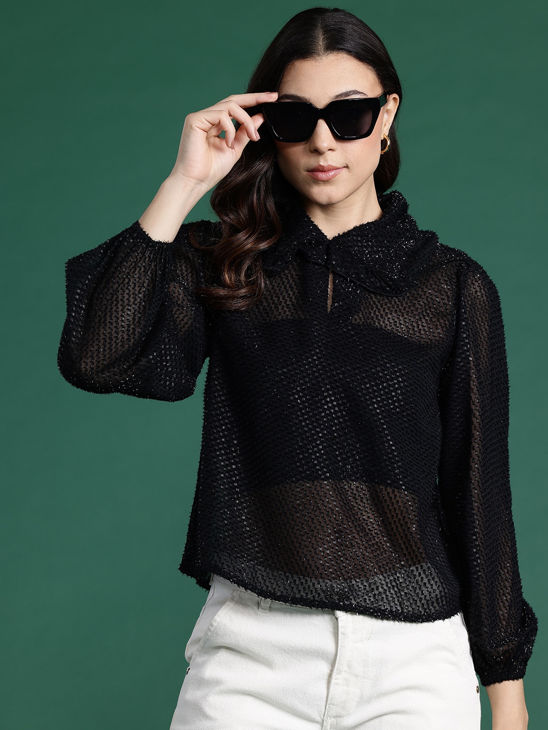 

DressBerry Embellished Puff Sleeve Semi-Sheer Top, Black