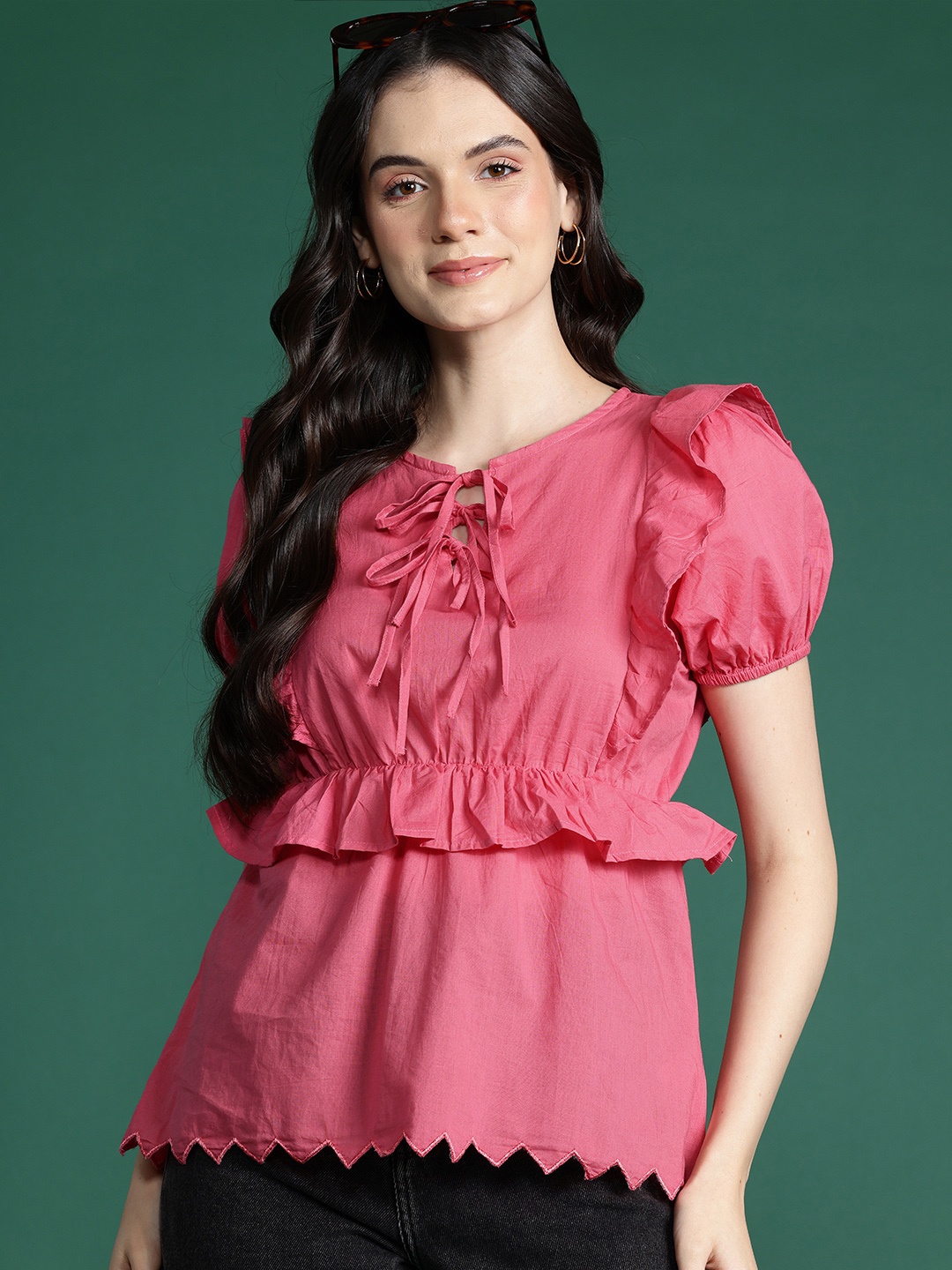 

DressBerry Tie-Up Neck Ruffles Cotton Top, Pink