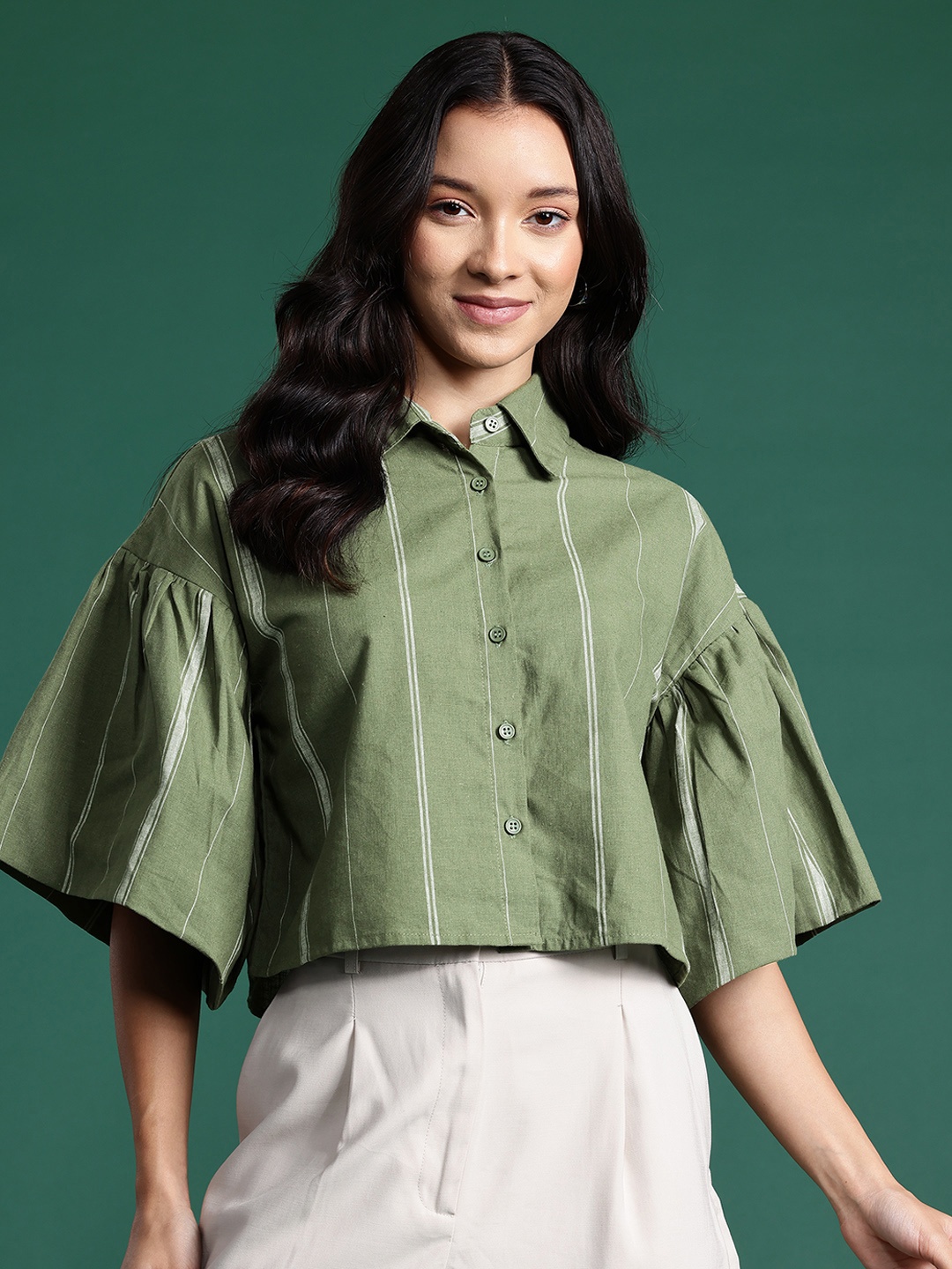 

DressBerry Women Boxy Flared Sleeves Striped Casual Pure Cotton Shirt, Green