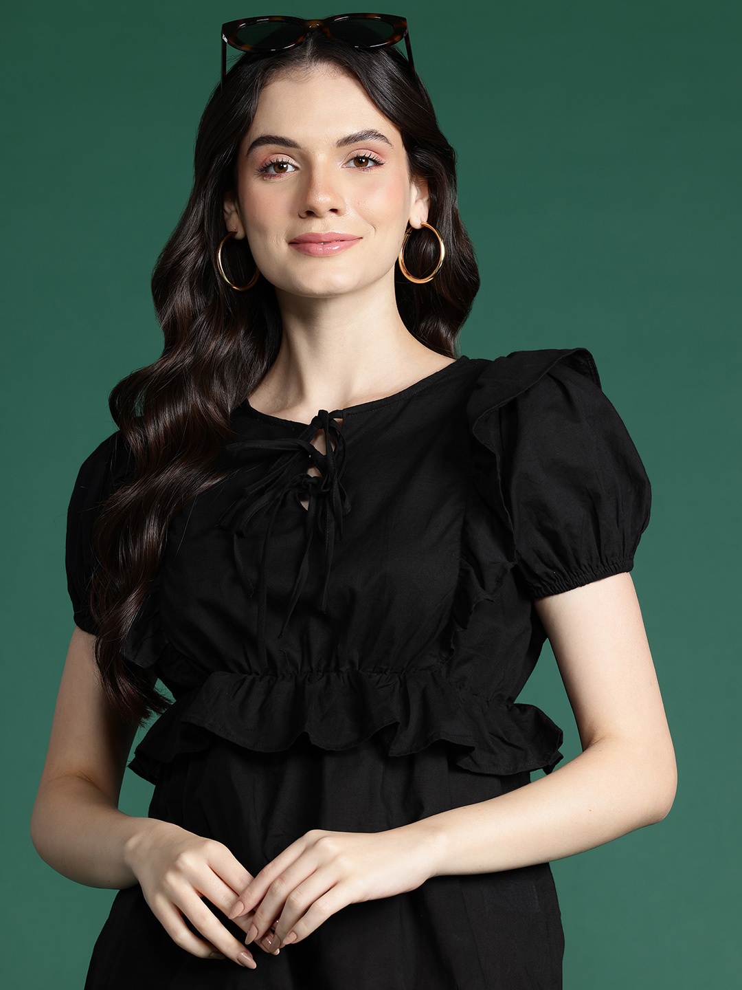 

DressBerry Tie-Up Neck Ruffles Cotton Top, Black