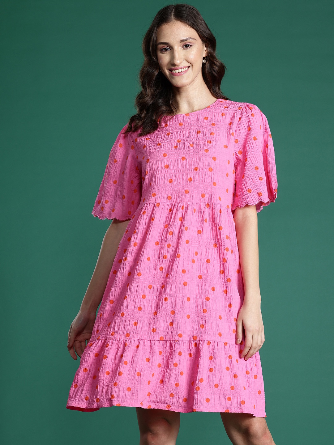 

DressBerry Polka Dots Print Crinkled A-Line Dress, Pink