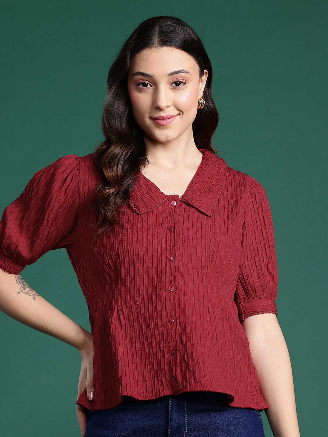 

DressBerry Pleated Self-Design Opaque Casual Shirt, Maroon