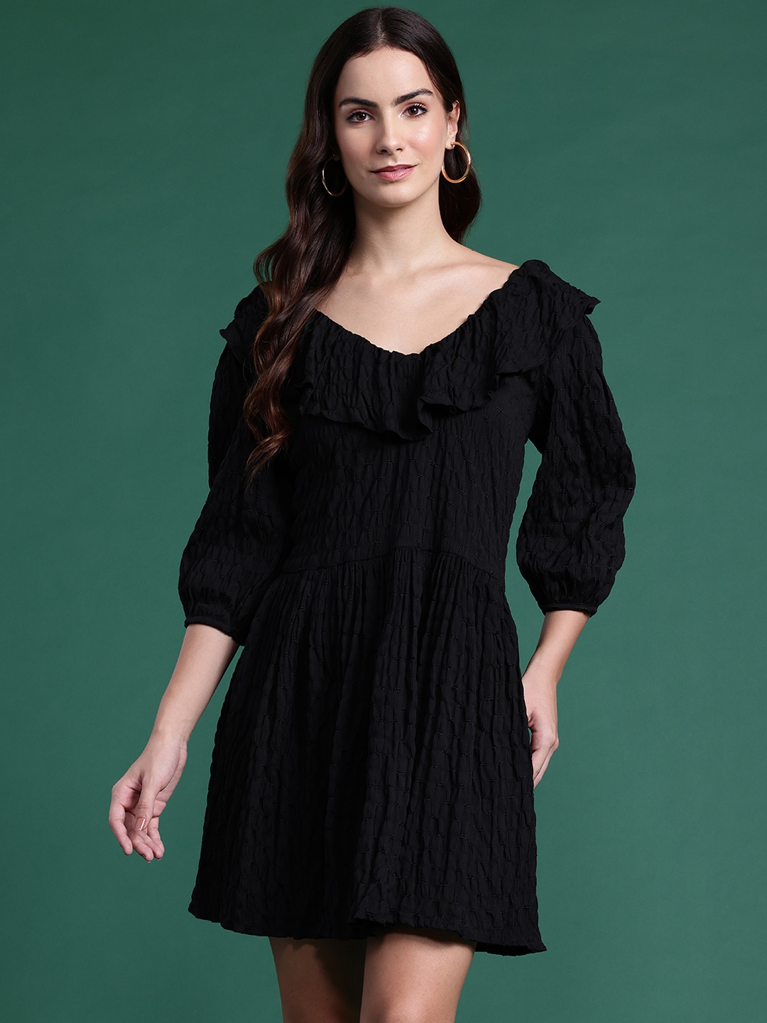 

DressBerry Glam Embroidered Ruffled Fit and Flare Dress, Black