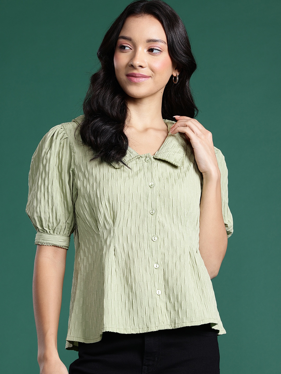 

DressBerry Pleated Self-Design Opaque Casual Shirt, Green