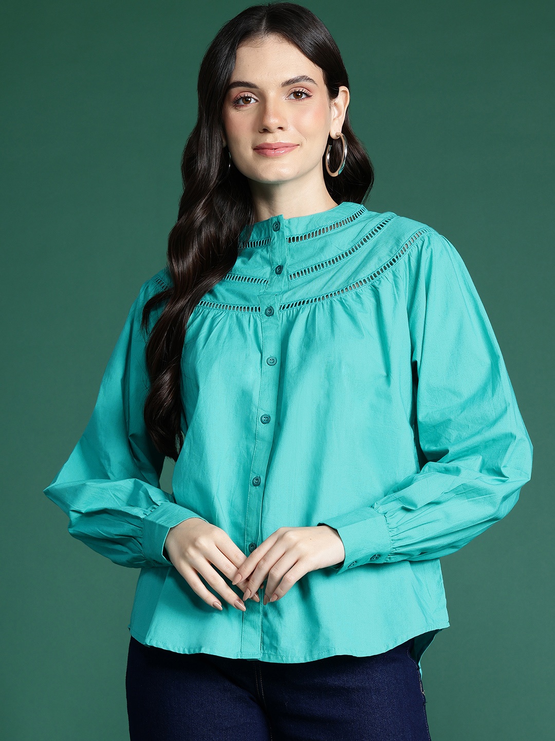 

DressBerry Lace Inserts Cotton Shirt Style Top, Sea green