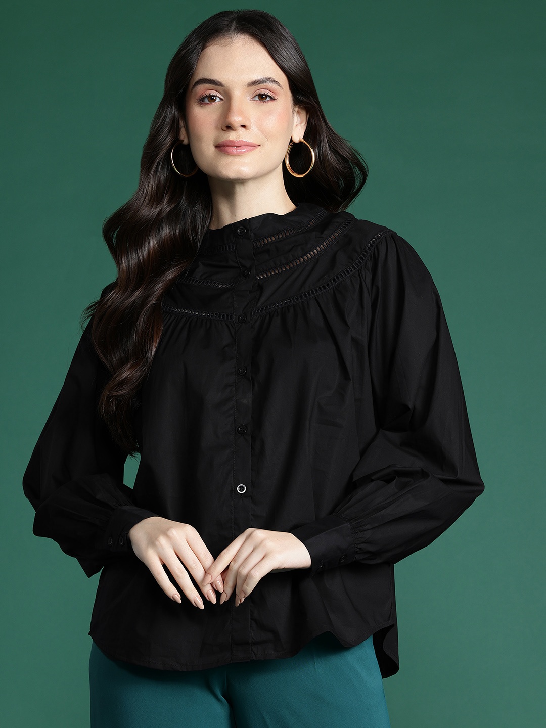 

DressBerry Bizwear Lace Inserts Cotton Shirt Style Top, Black