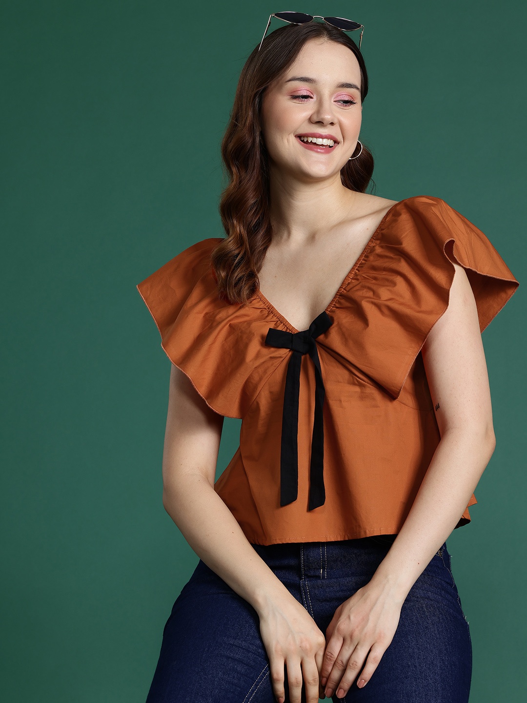 

DressBerry Flutter Sleeves Pure Cotton Top, Rust
