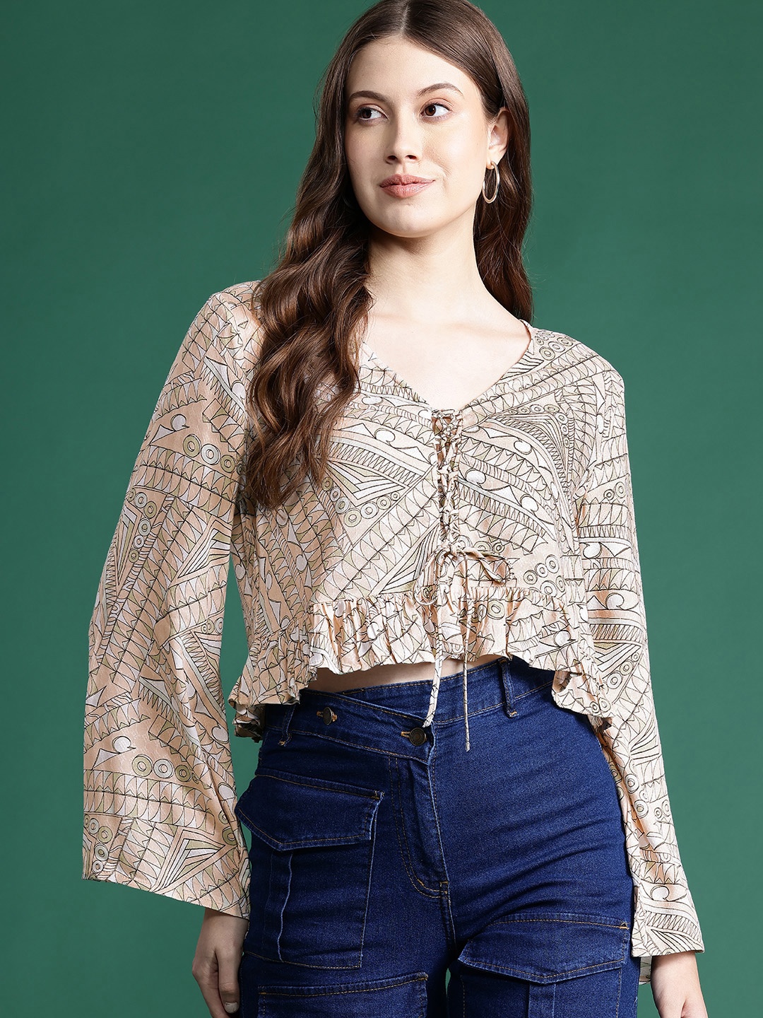 

DressBerry Printed Flared Sleeve Cotton Front Tie-Ups Crop Top, Peach