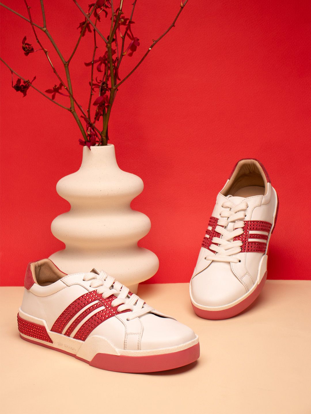 

HEEL YOUR SOLE Women Striped Leather Sneakers, White