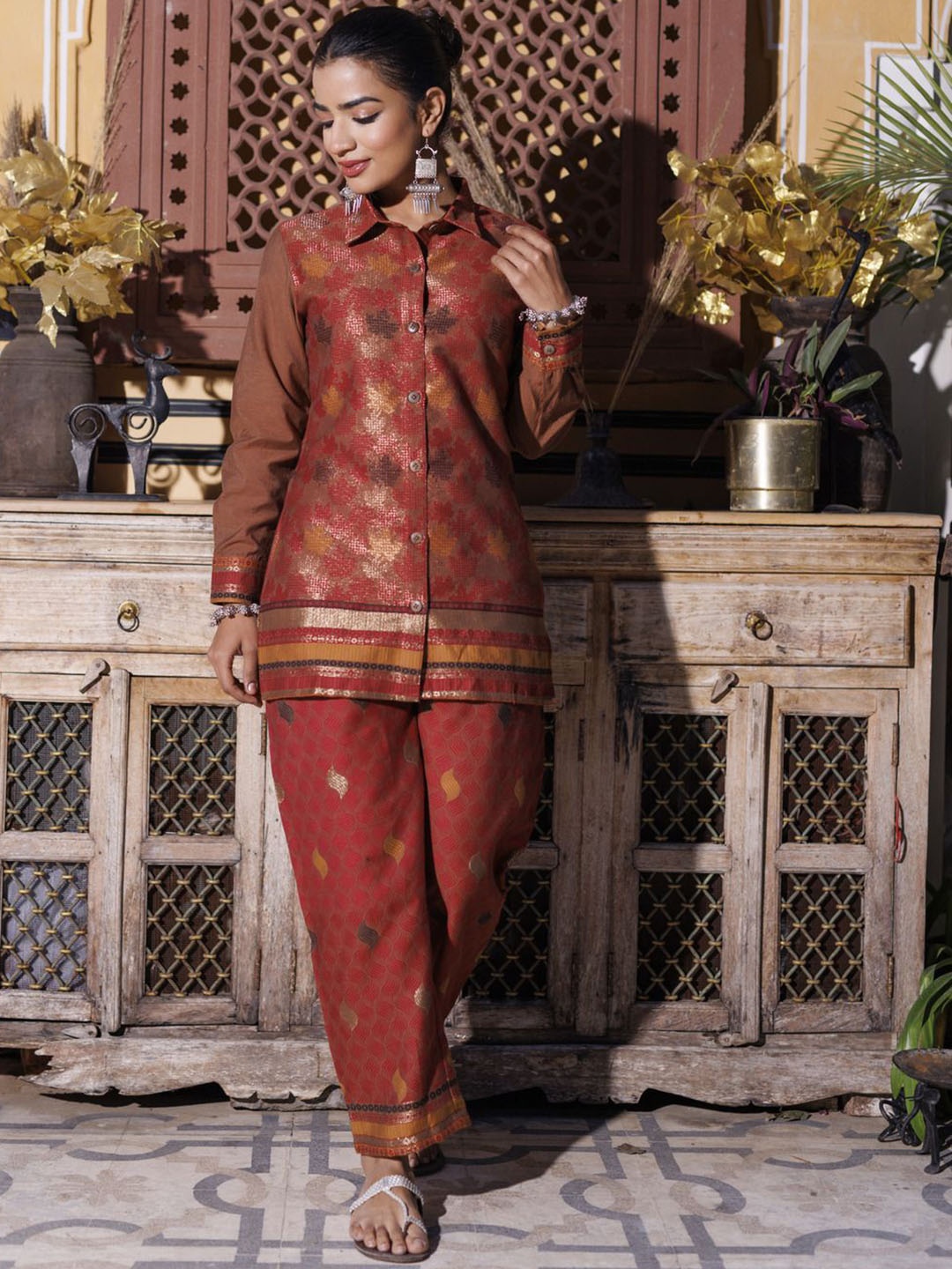

KIDAR Printed Shirt With Trousers Co-Ords 8011-Rust