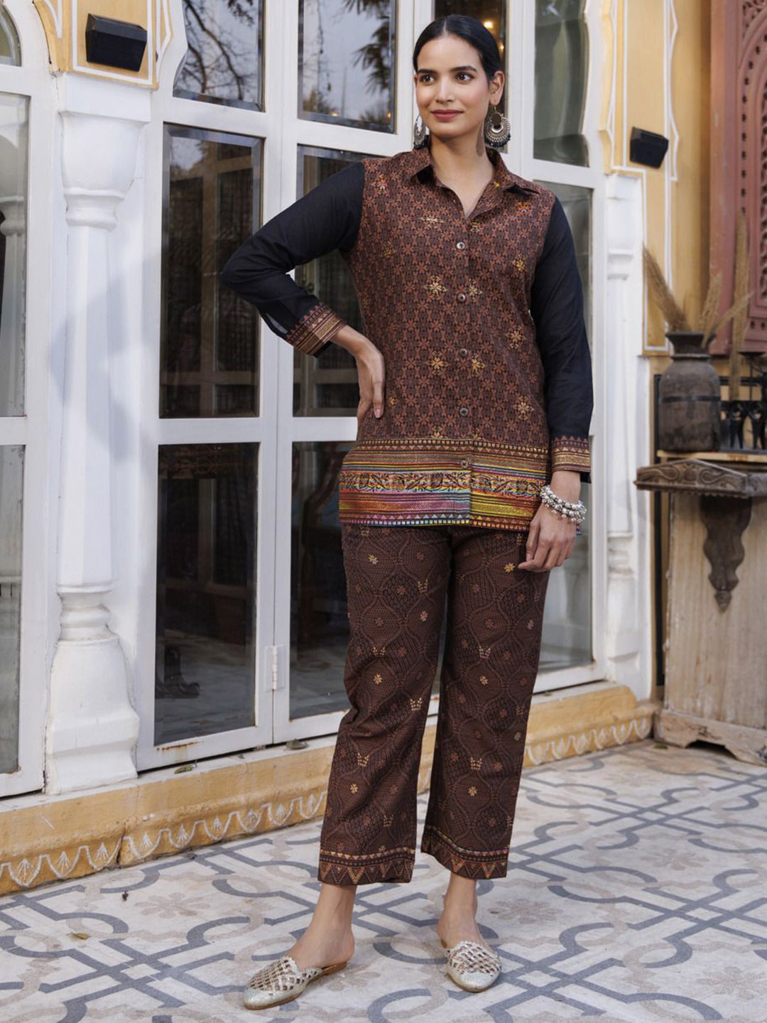 

KIDAR Printed Shirt Collar Neck Shirt & Flared Trouser Co-Ords 8011-Coffee Brown