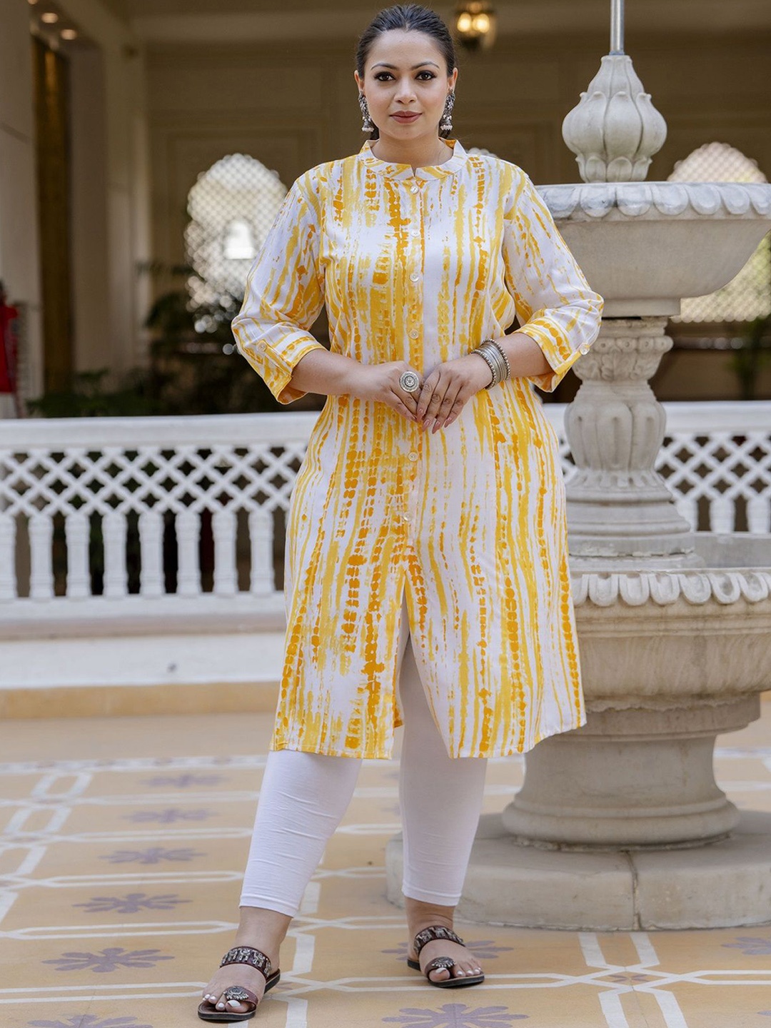 

Lee Moda Women Geometric Striped Thread Work Kurta, Yellow