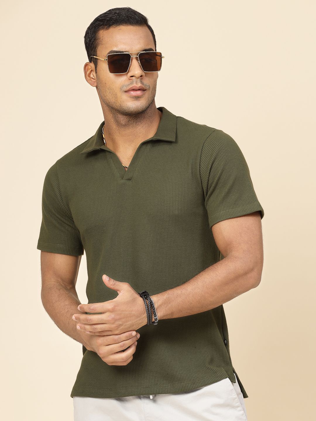 

Polo Collar Men Knitted Cotton Polo Collar Slim Fit T-shirt, Olive